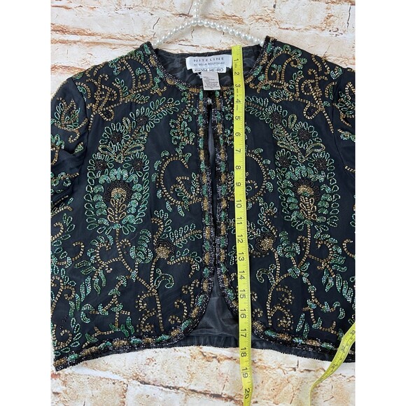 Niteline by Della Roufogali Vintage Silk Beaded Jacket sz M Black Green Brown - Picture 7 of 7